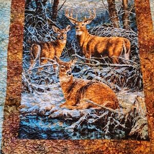 Handmade Lap Quilt Woodland Scene Deer Family Batik Print Size 50" W X 54" L